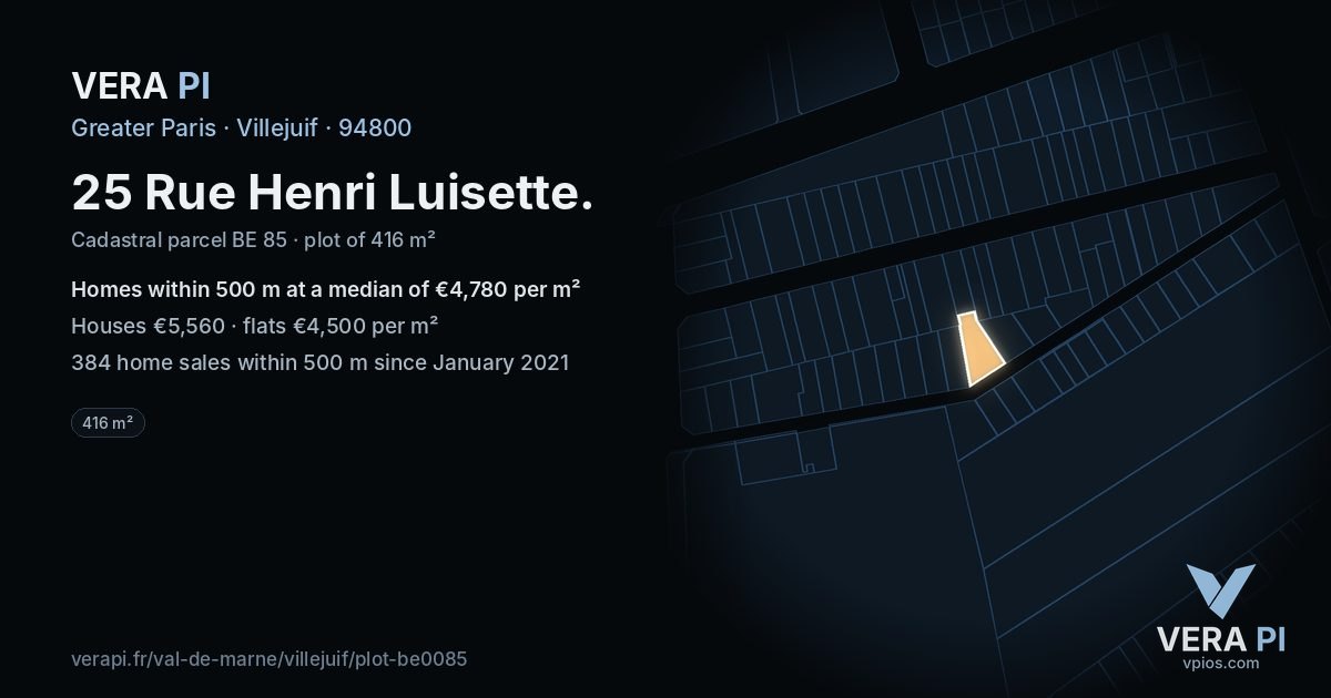 25 Rue Henri Luisette, Villejuif at night – the plot lit, the parcels around coloured by the prices near them