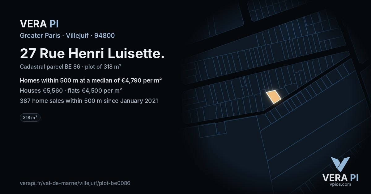 27 Rue Henri Luisette, Villejuif at night – the plot lit, the parcels around coloured by the prices near them