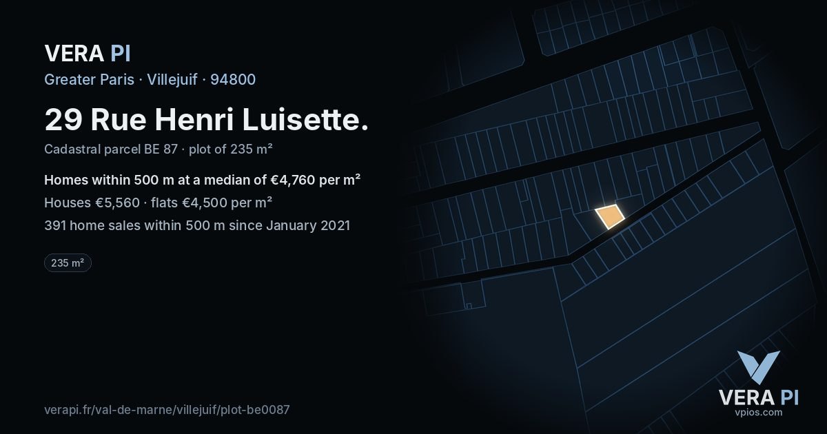 29 Rue Henri Luisette, Villejuif at night – the plot lit, the parcels around coloured by the prices near them