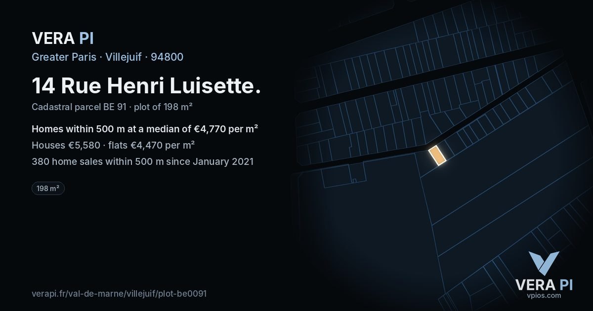 14 Rue Henri Luisette, Villejuif at night – the plot lit, the parcels around coloured by the prices near them