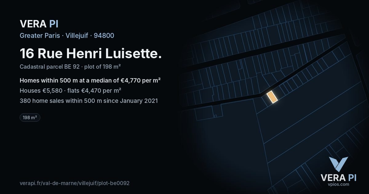 16 Rue Henri Luisette, Villejuif at night – the plot lit, the parcels around coloured by the prices near them