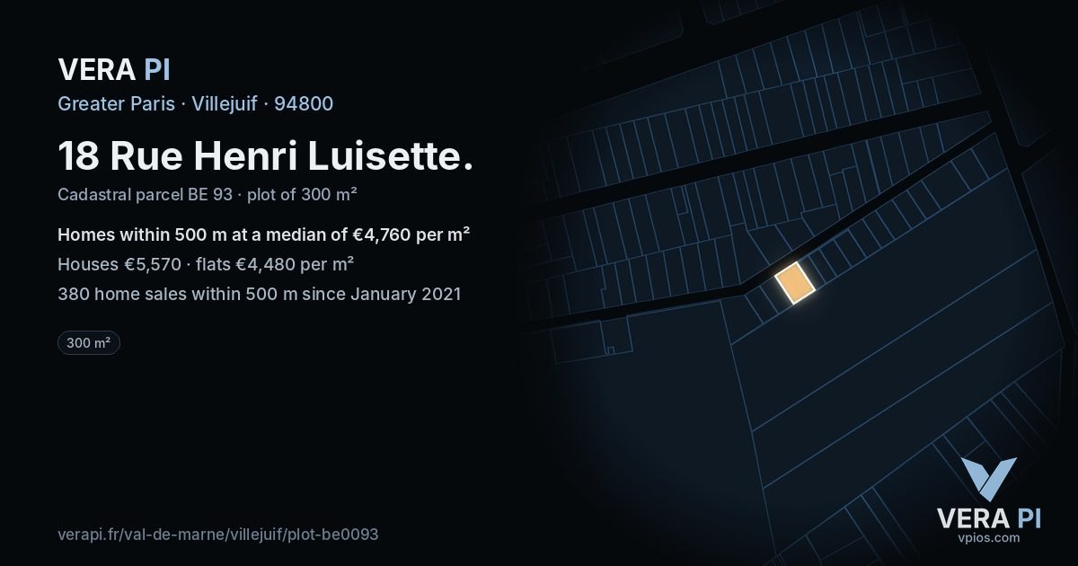 18 Rue Henri Luisette, Villejuif at night – the plot lit, the parcels around coloured by the prices near them