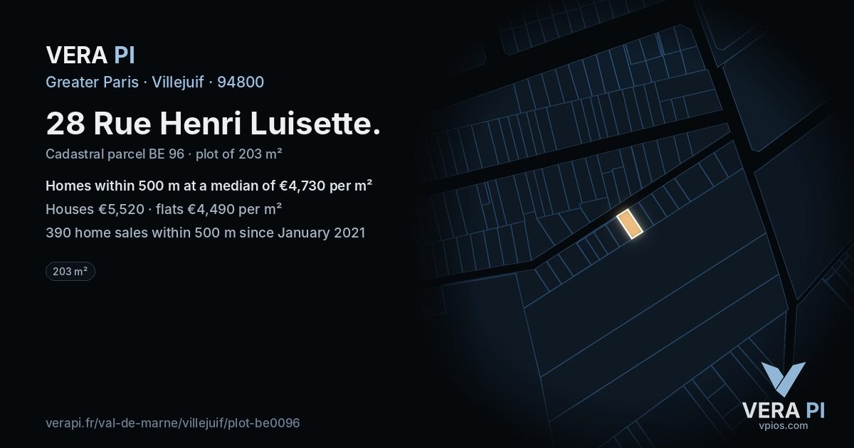 28 Rue Henri Luisette, Villejuif at night – the plot lit, the parcels around coloured by the prices near them