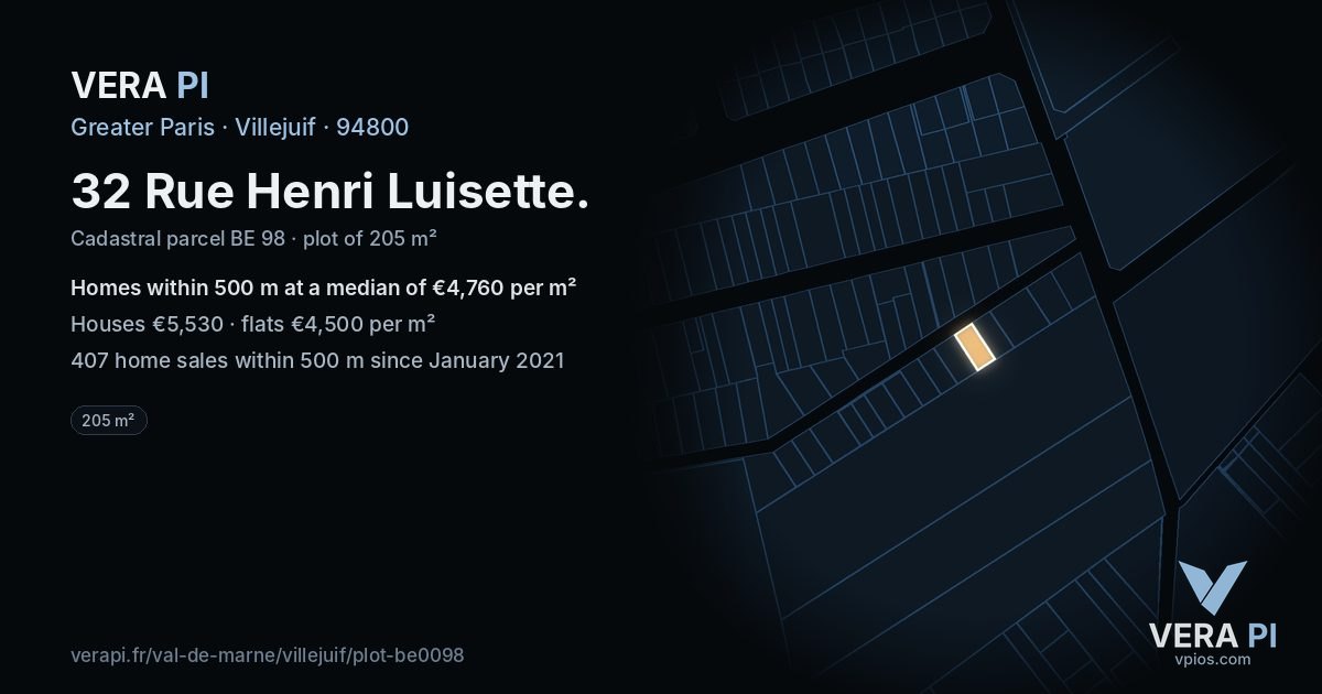 32 Rue Henri Luisette, Villejuif at night – the plot lit, the parcels around coloured by the prices near them