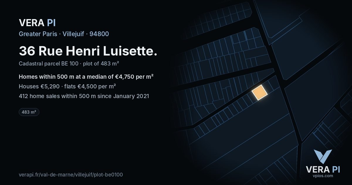 36 Rue Henri Luisette, Villejuif at night – the plot lit, the parcels around coloured by the prices near them