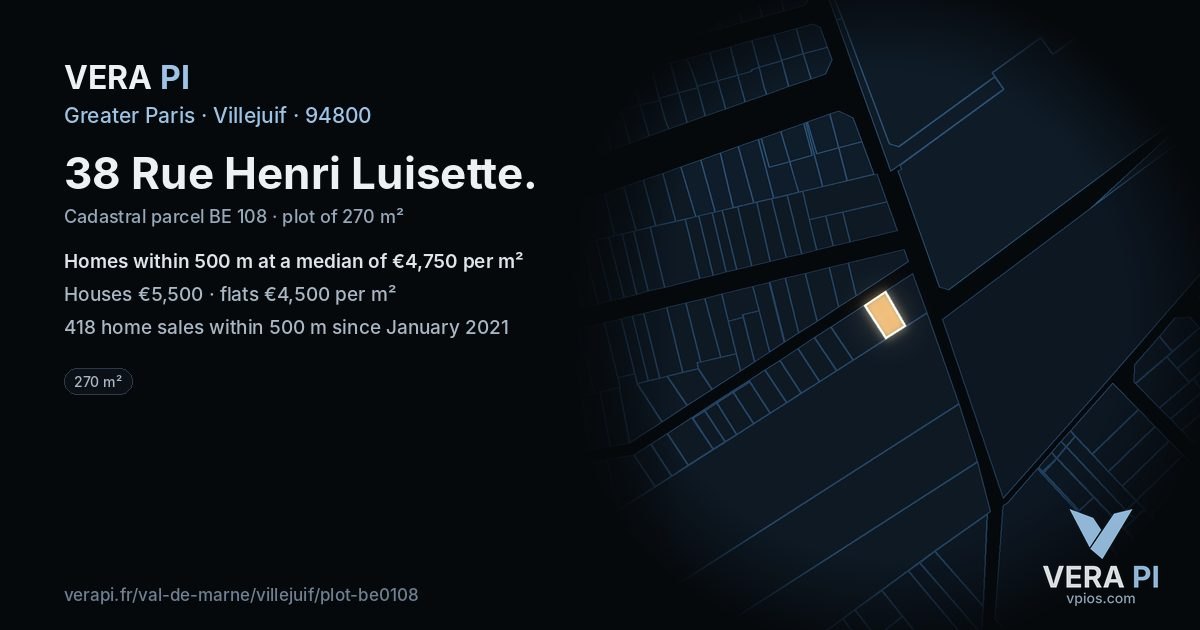 38 Rue Henri Luisette, Villejuif at night – the plot lit, the parcels around coloured by the prices near them