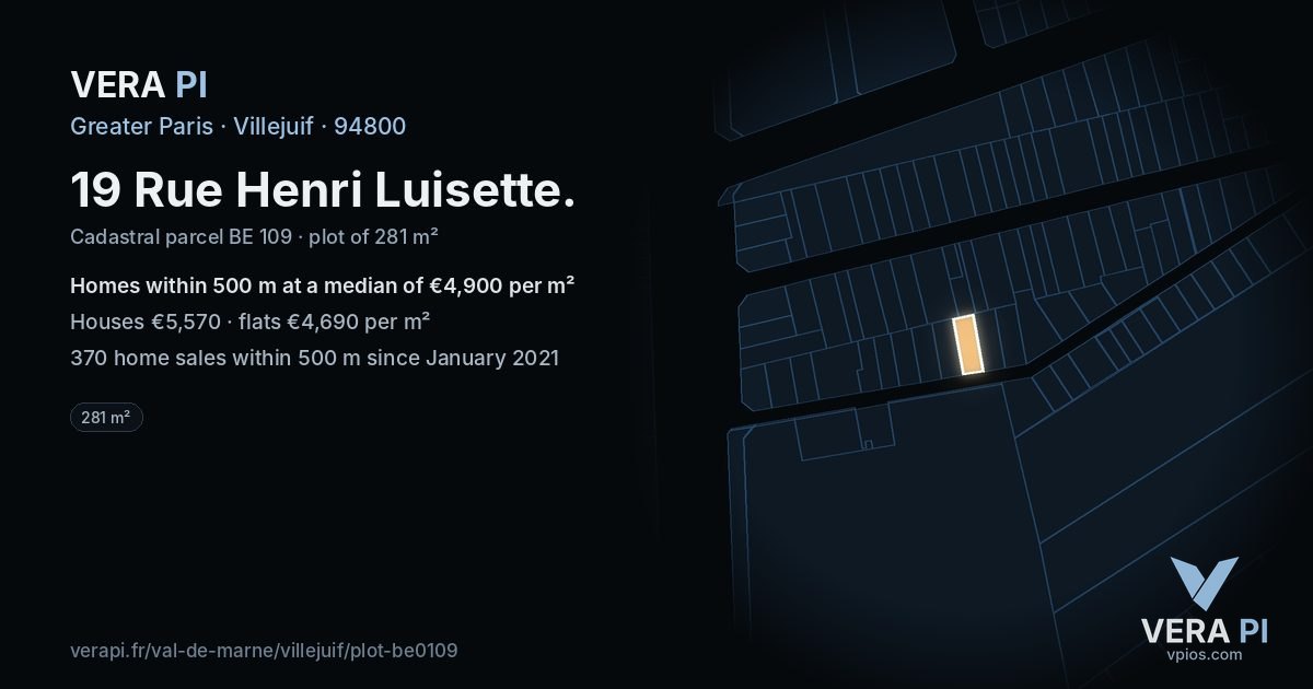 19 Rue Henri Luisette, Villejuif at night – the plot lit, the parcels around coloured by the prices near them