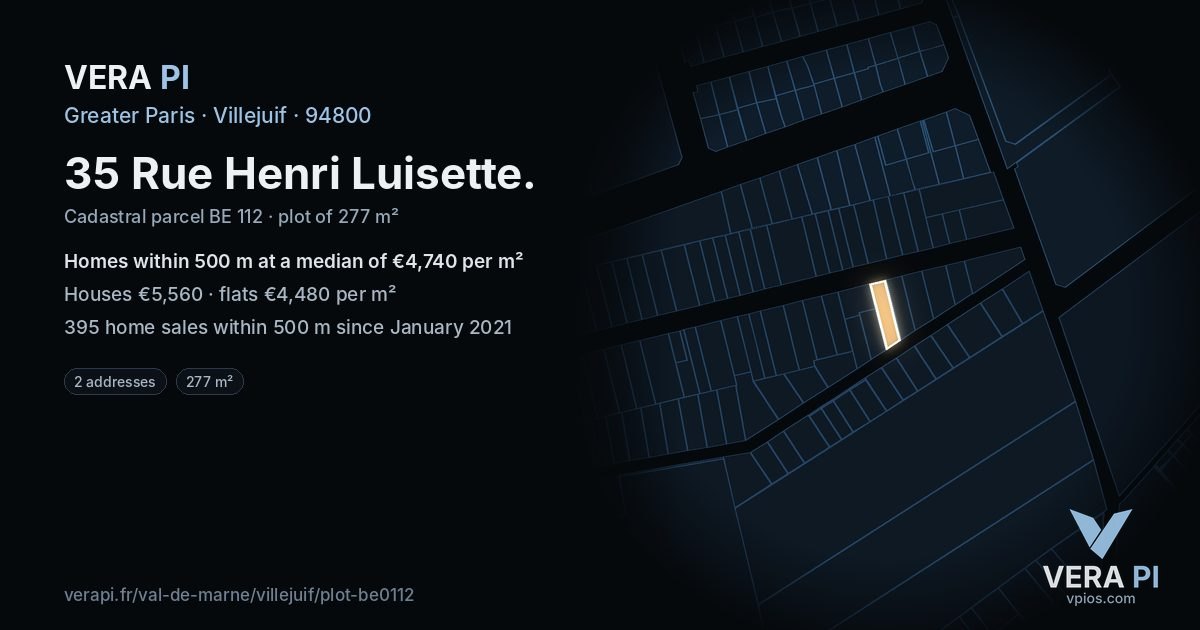 35 Rue Henri Luisette, Villejuif at night – the plot lit, the parcels around coloured by the prices near them