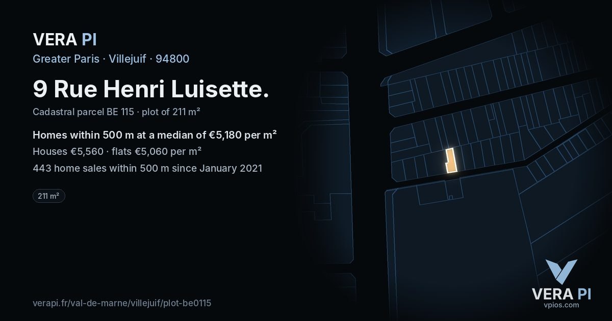 9 Rue Henri Luisette, Villejuif at night – the plot lit, the parcels around coloured by the prices near them