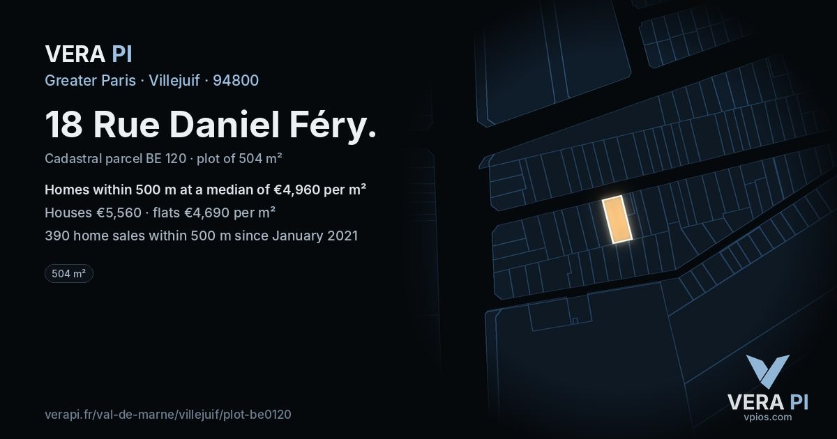 18 Rue Daniel Féry, Villejuif at night – the plot lit, the parcels around coloured by the prices near them