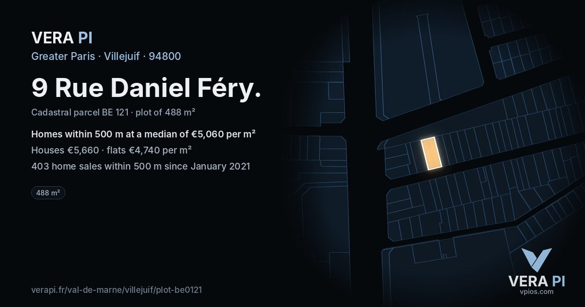 9 Rue Daniel Féry, Villejuif at night – the plot lit, the parcels around coloured by the prices near them