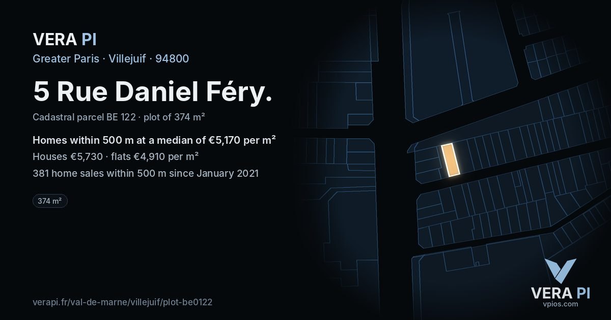 5 Rue Daniel Féry, Villejuif at night – the plot lit, the parcels around coloured by the prices near them
