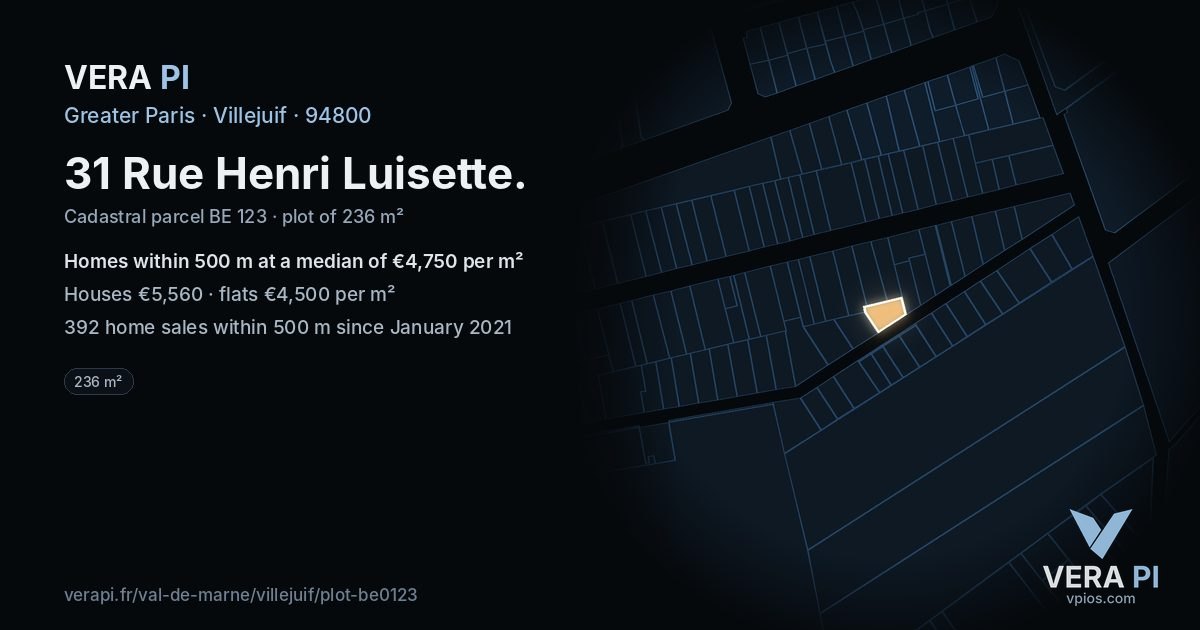 31 Rue Henri Luisette, Villejuif at night – the plot lit, the parcels around coloured by the prices near them