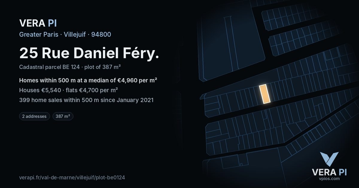 25 Rue Daniel Féry, Villejuif at night – the plot lit, the parcels around coloured by the prices near them