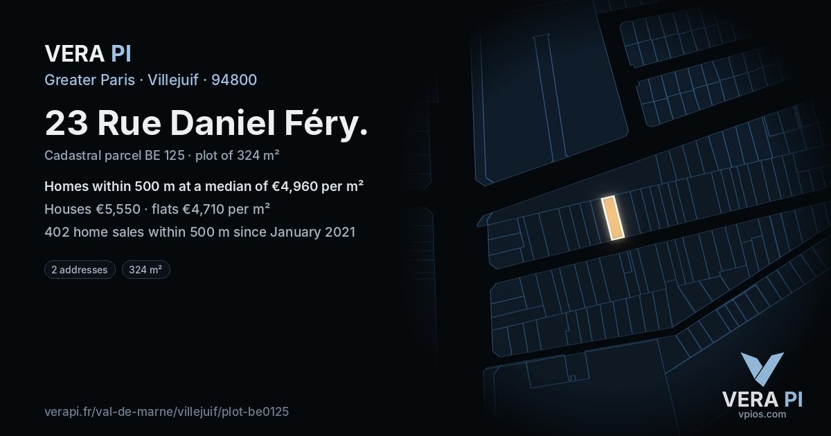 23 Rue Daniel Féry, Villejuif at night – the plot lit, the parcels around coloured by the prices near them