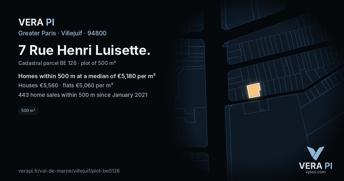 7 Rue Henri Luisette, Villejuif at night – the plot lit, the parcels around coloured by the prices near them