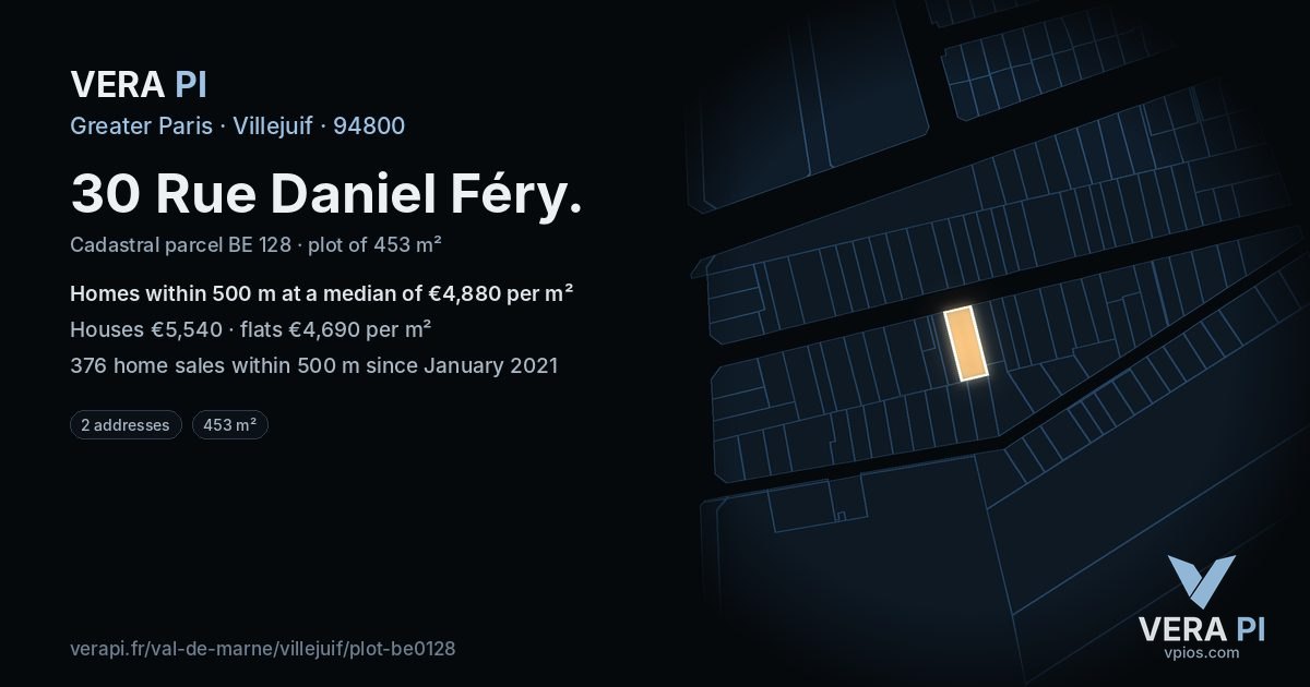 30 Rue Daniel Féry, Villejuif at night – the plot lit, the parcels around coloured by the prices near them