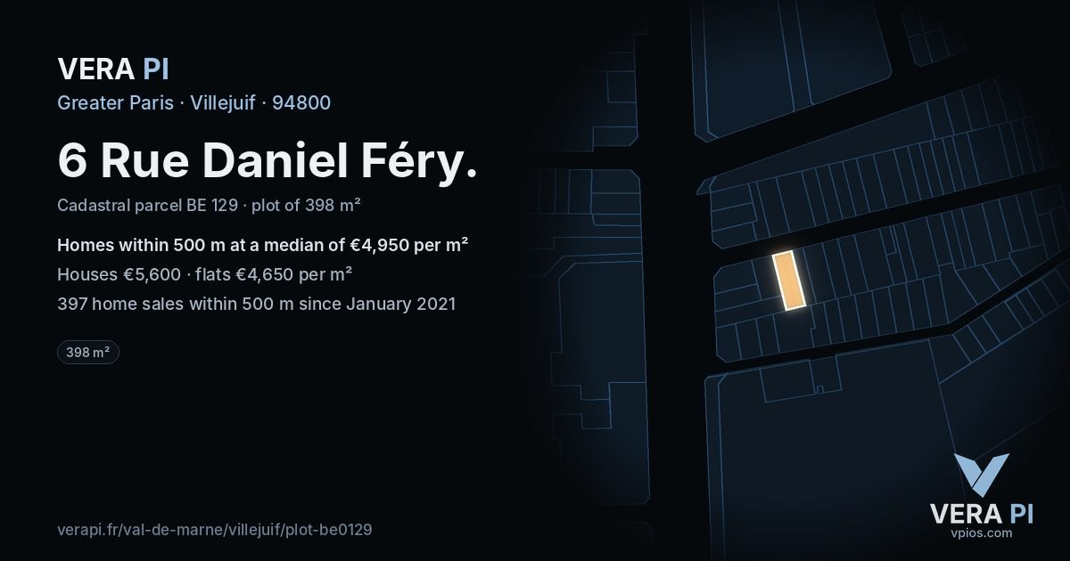 6 Rue Daniel Féry, Villejuif at night – the plot lit, the parcels around coloured by the prices near them