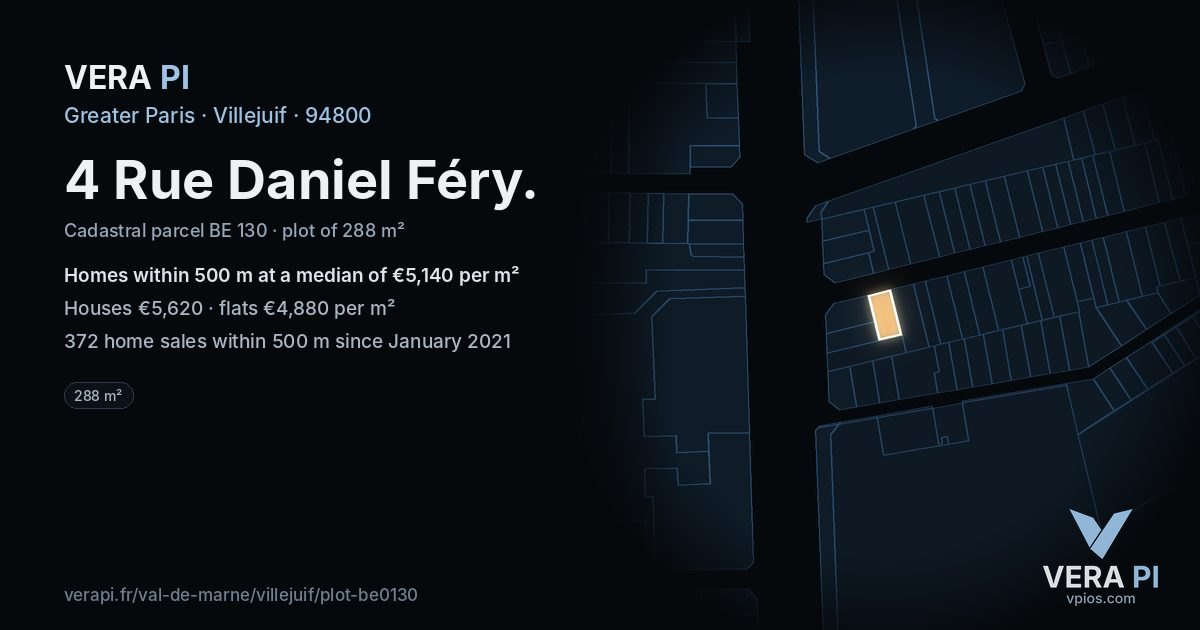 4 Rue Daniel Féry, Villejuif at night – the plot lit, the parcels around coloured by the prices near them