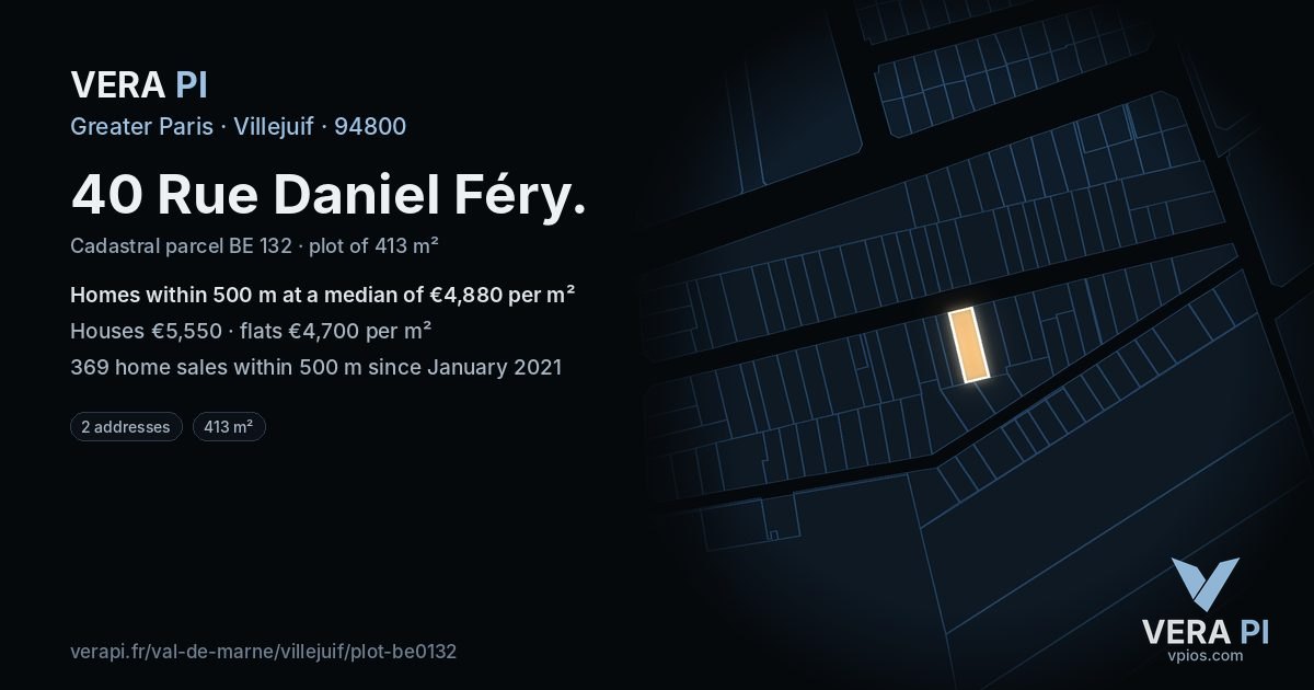 40 Rue Daniel Féry, Villejuif at night – the plot lit, the parcels around coloured by the prices near them