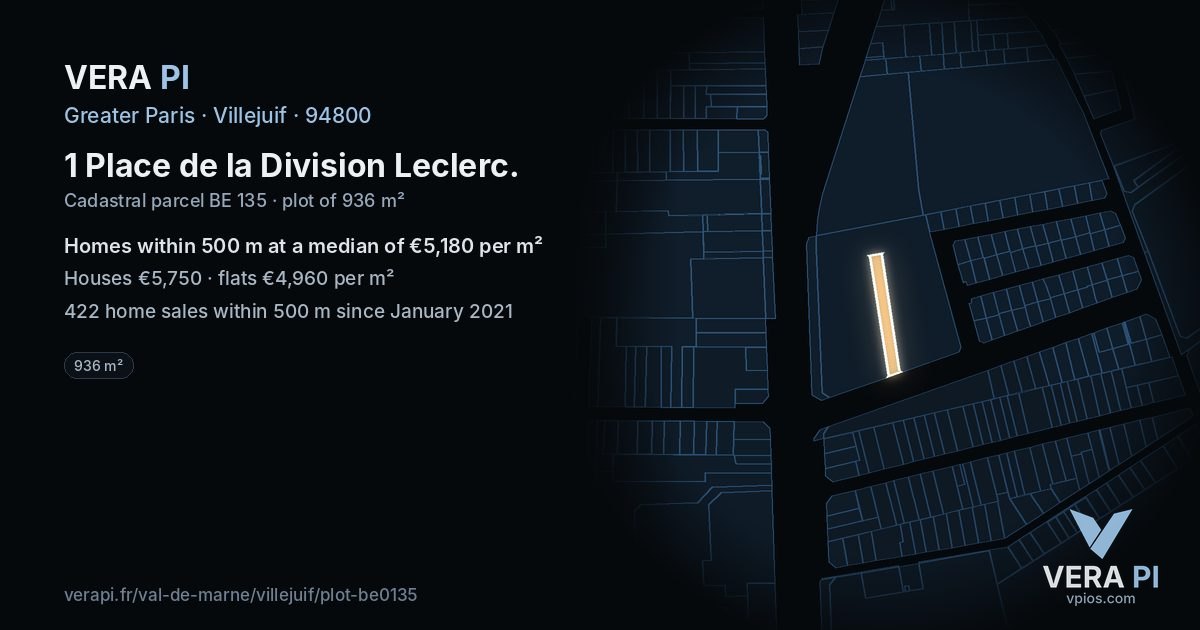 1 Place de la Division Leclerc, Villejuif at night – the plot lit, the parcels around coloured by the prices near them
