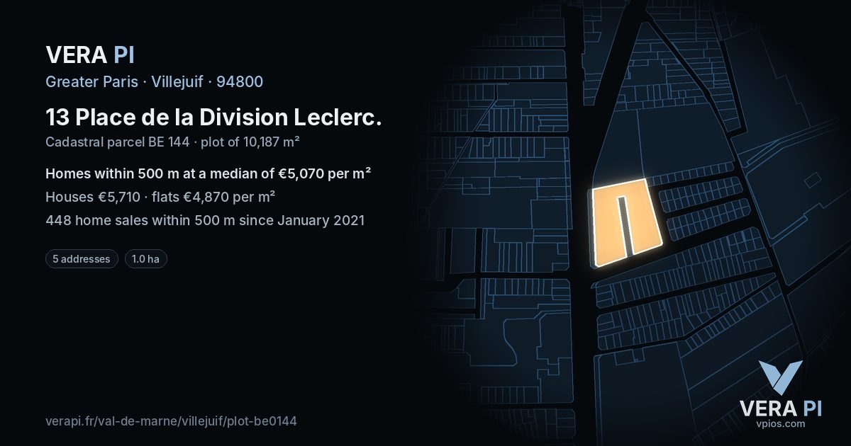 13 Place de la Division Leclerc, Villejuif at night – the plot lit, the parcels around coloured by the prices near them