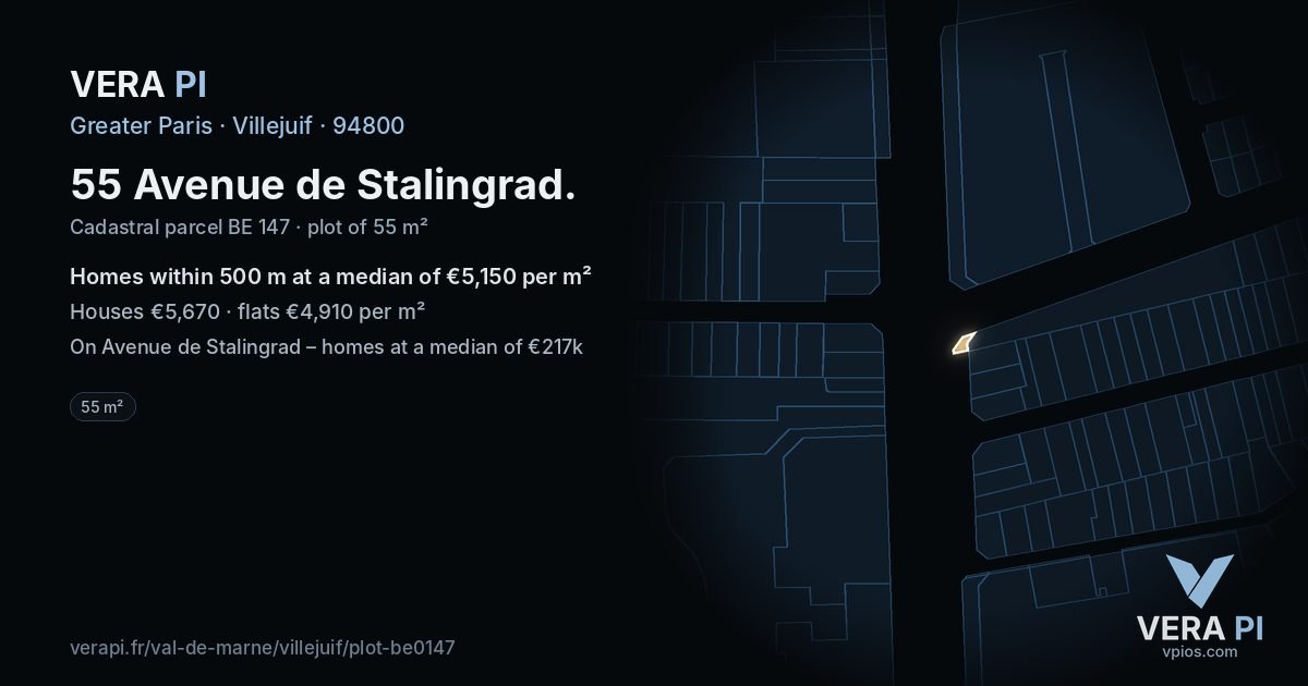 55 Avenue de Stalingrad, Villejuif at night – the plot lit, the parcels around coloured by the prices near them