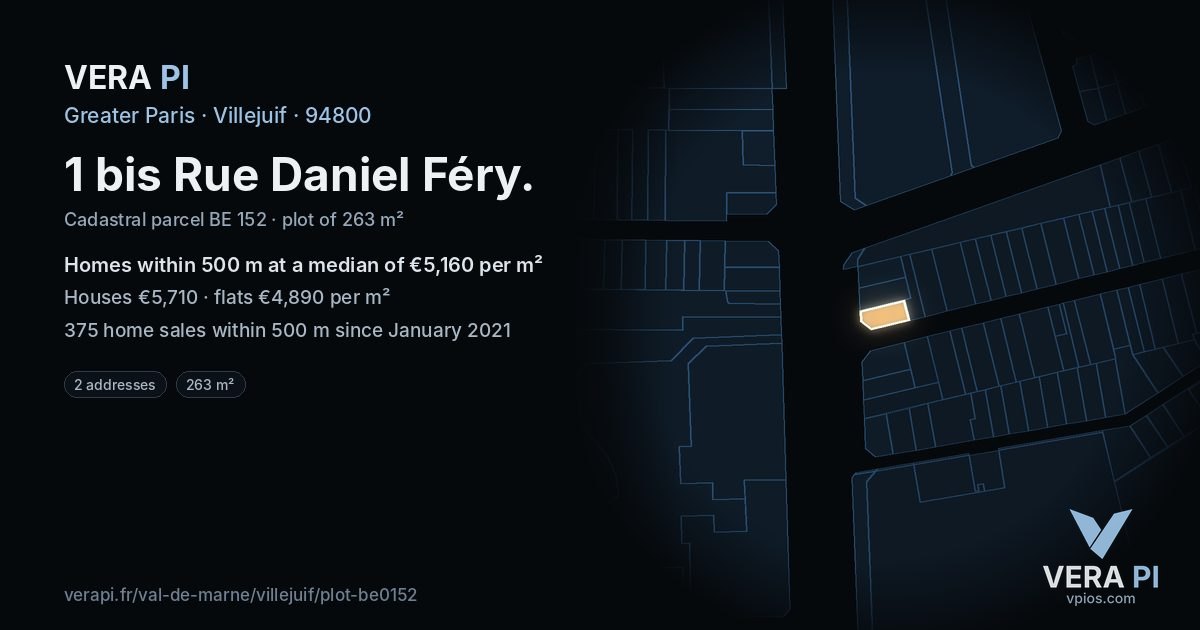 1 bis Rue Daniel Féry, Villejuif at night – the plot lit, the parcels around coloured by the prices near them