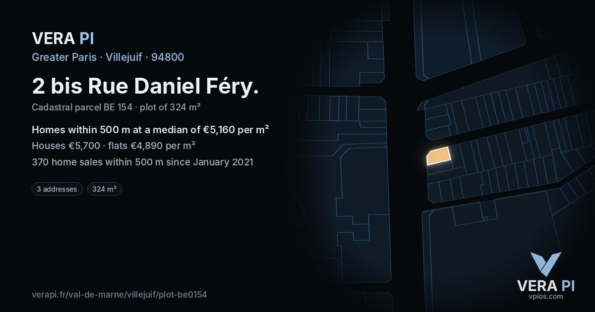 2 bis Rue Daniel Féry, Villejuif at night – the plot lit, the parcels around coloured by the prices near them