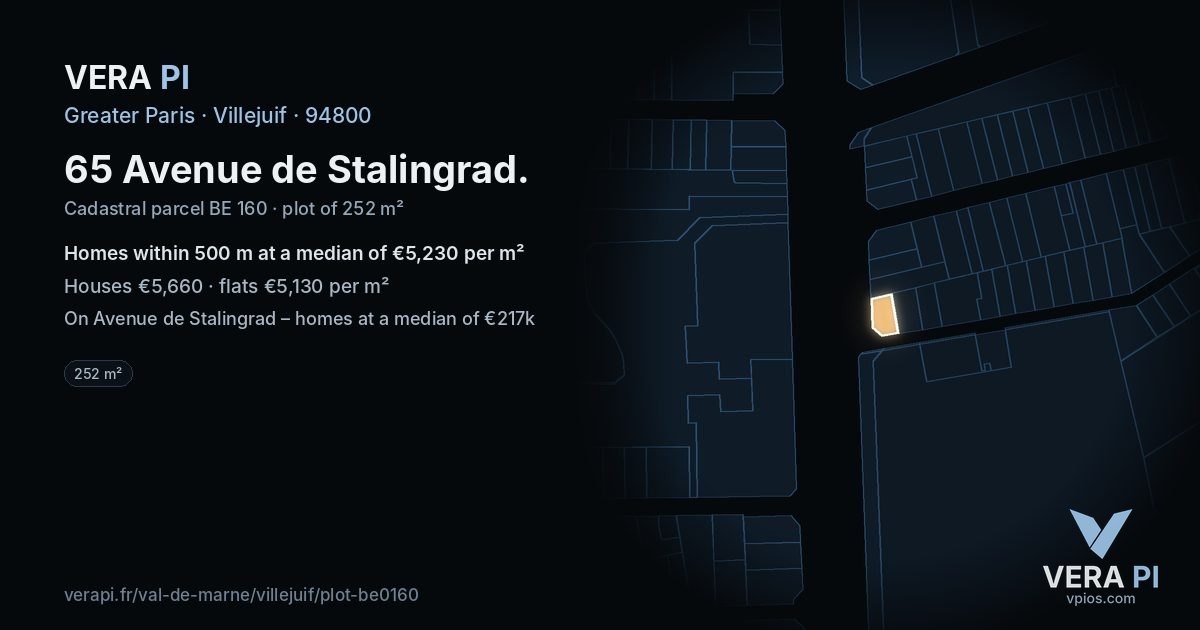 65 Avenue de Stalingrad, Villejuif at night – the plot lit, the parcels around coloured by the prices near them