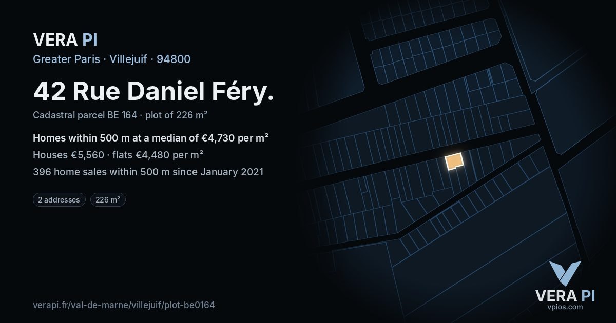 42 Rue Daniel Féry, Villejuif at night – the plot lit, the parcels around coloured by the prices near them