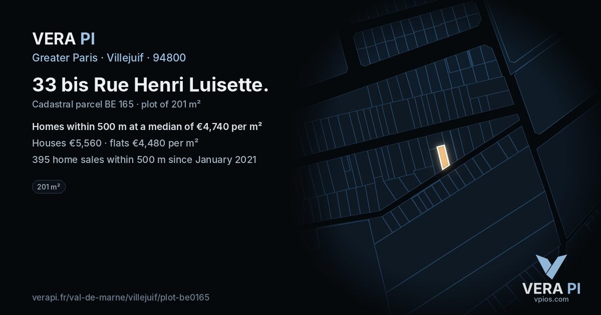 33 bis Rue Henri Luisette, Villejuif at night – the plot lit, the parcels around coloured by the prices near them