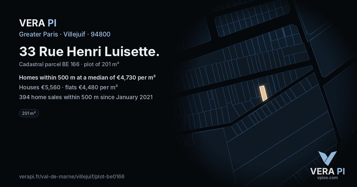 33 Rue Henri Luisette, Villejuif at night – the plot lit, the parcels around coloured by the prices near them