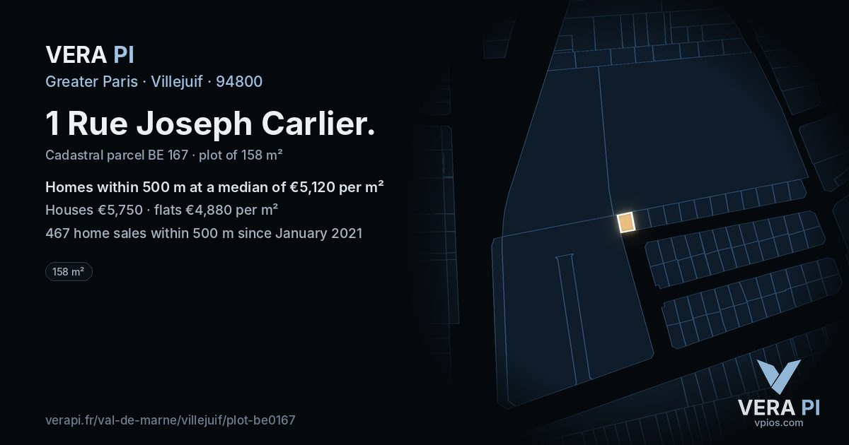 1 Rue Joseph Carlier, Villejuif at night – the plot lit, the parcels around coloured by the prices near them