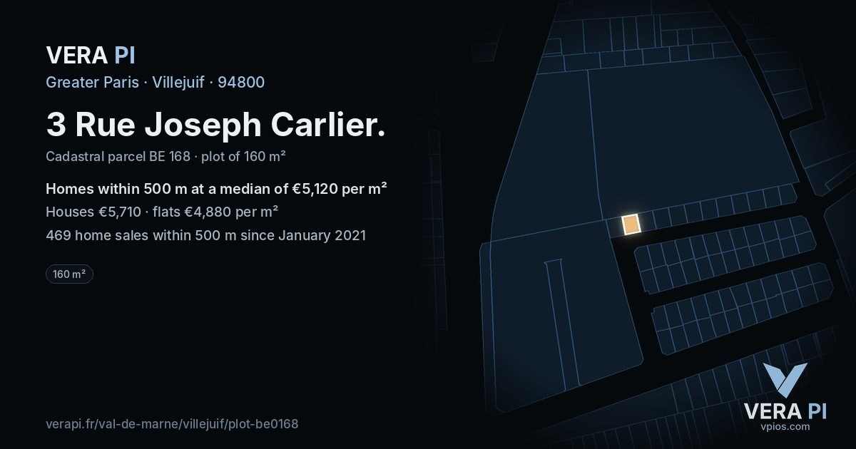 3 Rue Joseph Carlier, Villejuif at night – the plot lit, the parcels around coloured by the prices near them