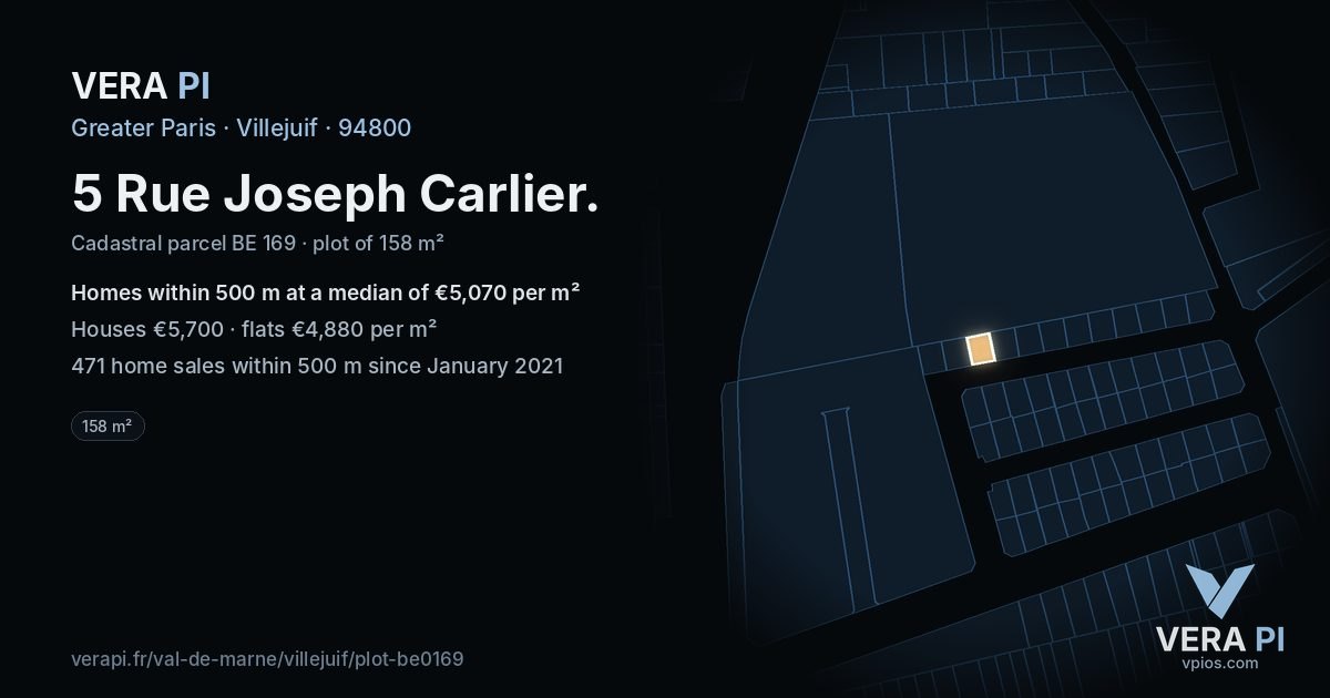 5 Rue Joseph Carlier, Villejuif at night – the plot lit, the parcels around coloured by the prices near them