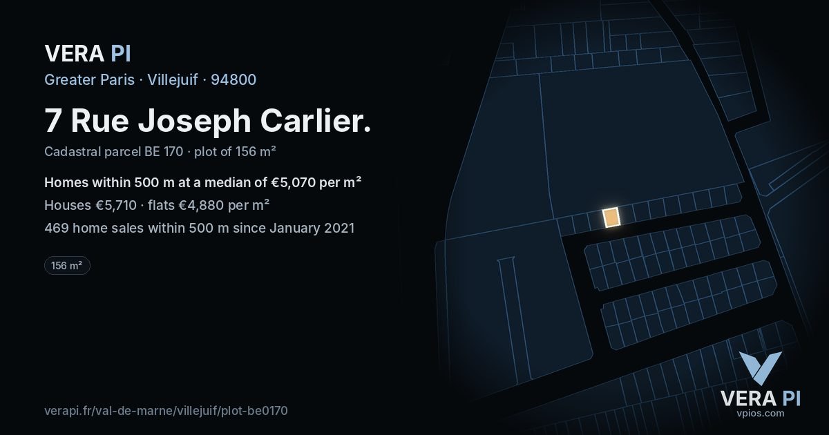 7 Rue Joseph Carlier, Villejuif at night – the plot lit, the parcels around coloured by the prices near them