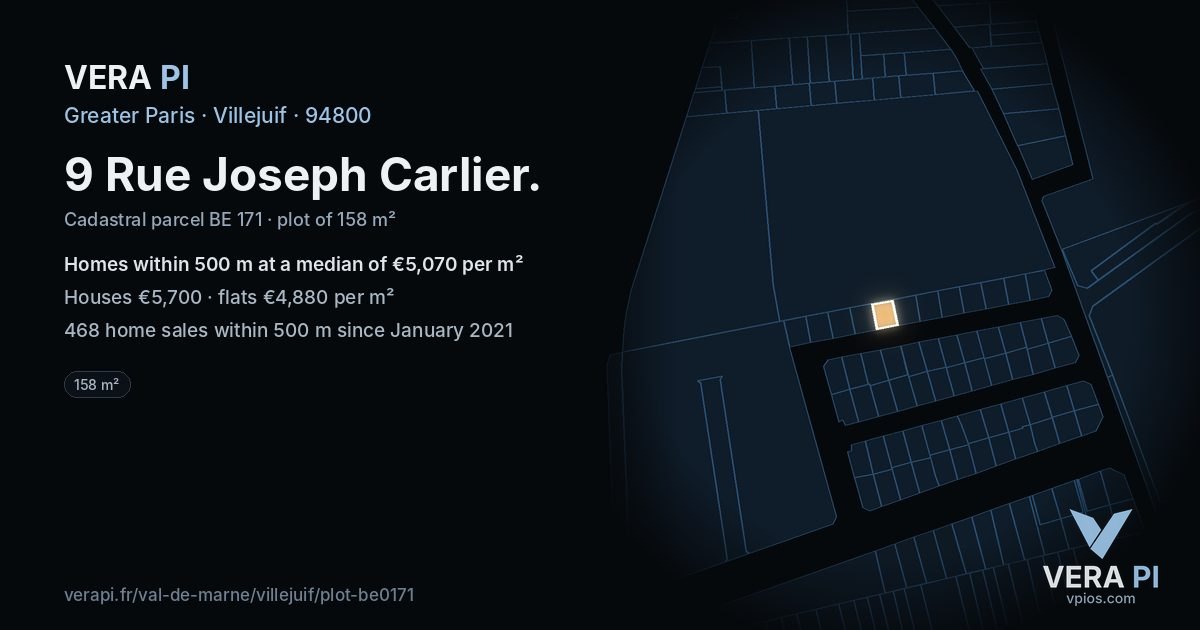 9 Rue Joseph Carlier, Villejuif at night – the plot lit, the parcels around coloured by the prices near them