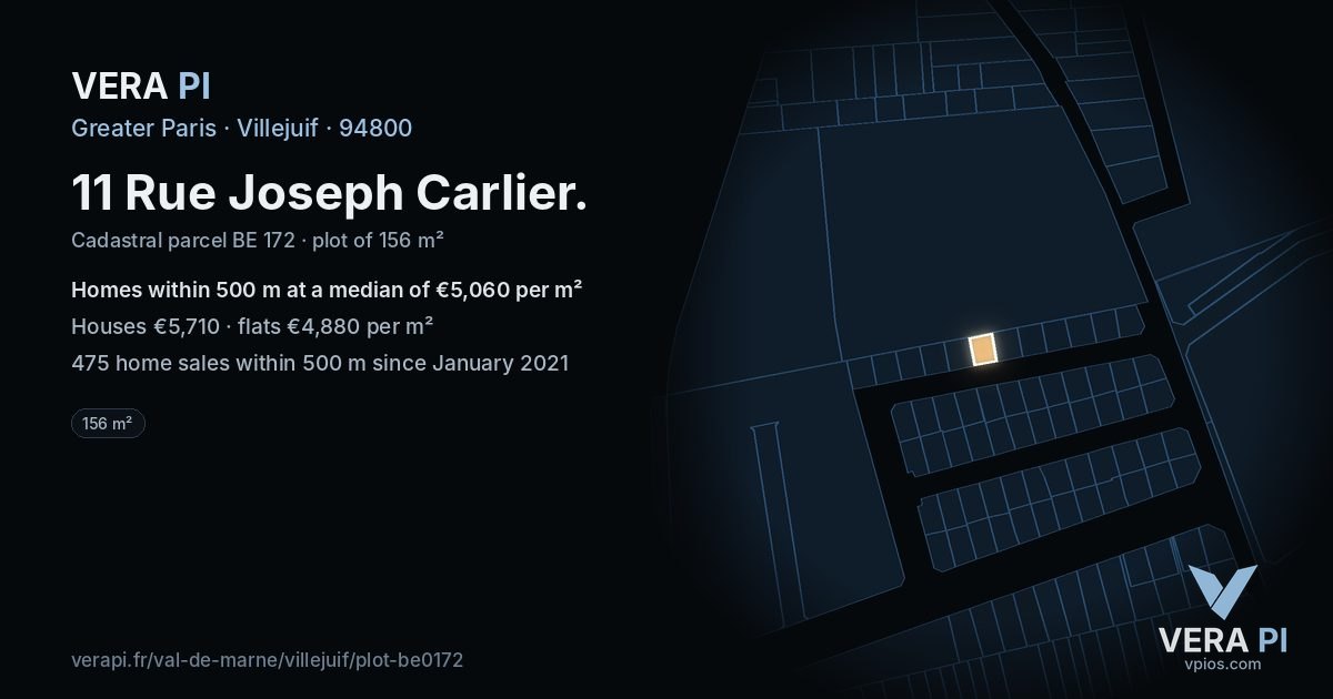 11 Rue Joseph Carlier, Villejuif at night – the plot lit, the parcels around coloured by the prices near them