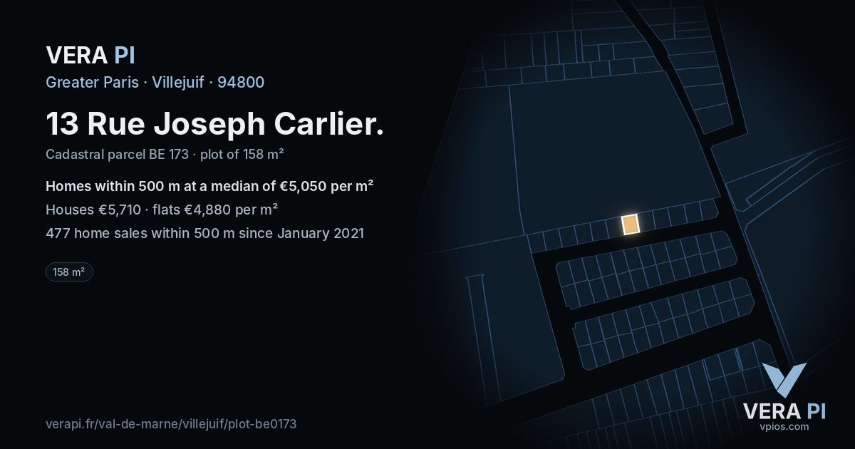 13 Rue Joseph Carlier, Villejuif at night – the plot lit, the parcels around coloured by the prices near them