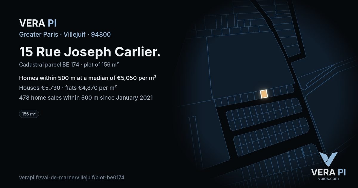 15 Rue Joseph Carlier, Villejuif at night – the plot lit, the parcels around coloured by the prices near them