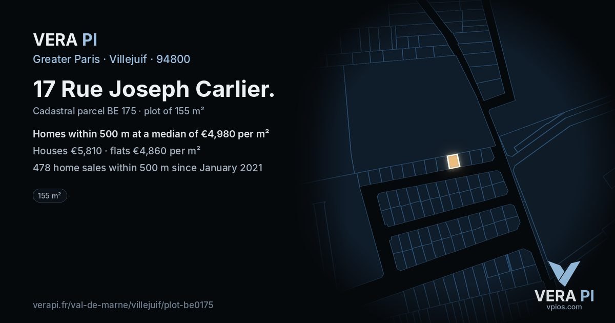 17 Rue Joseph Carlier, Villejuif at night – the plot lit, the parcels around coloured by the prices near them