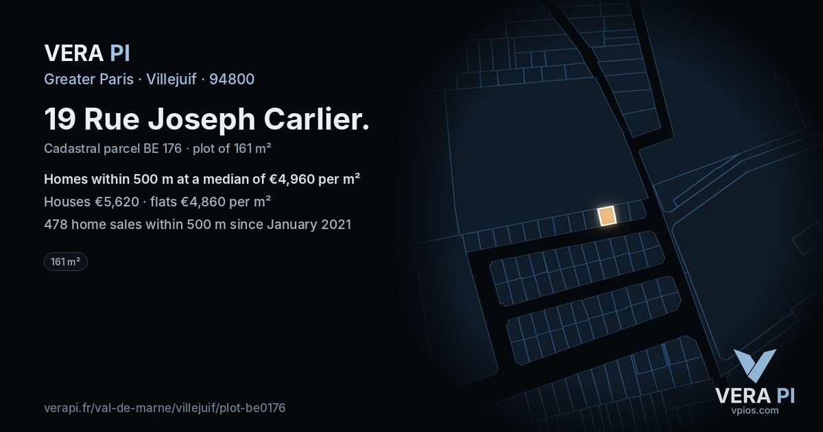 19 Rue Joseph Carlier, Villejuif at night – the plot lit, the parcels around coloured by the prices near them