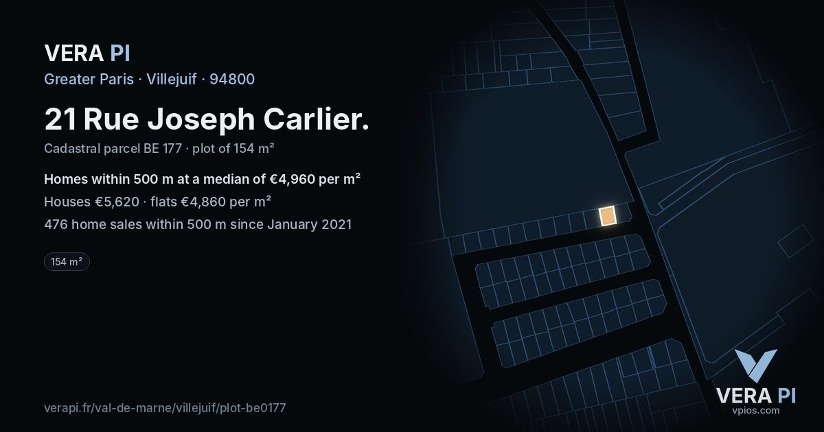 21 Rue Joseph Carlier, Villejuif at night – the plot lit, the parcels around coloured by the prices near them