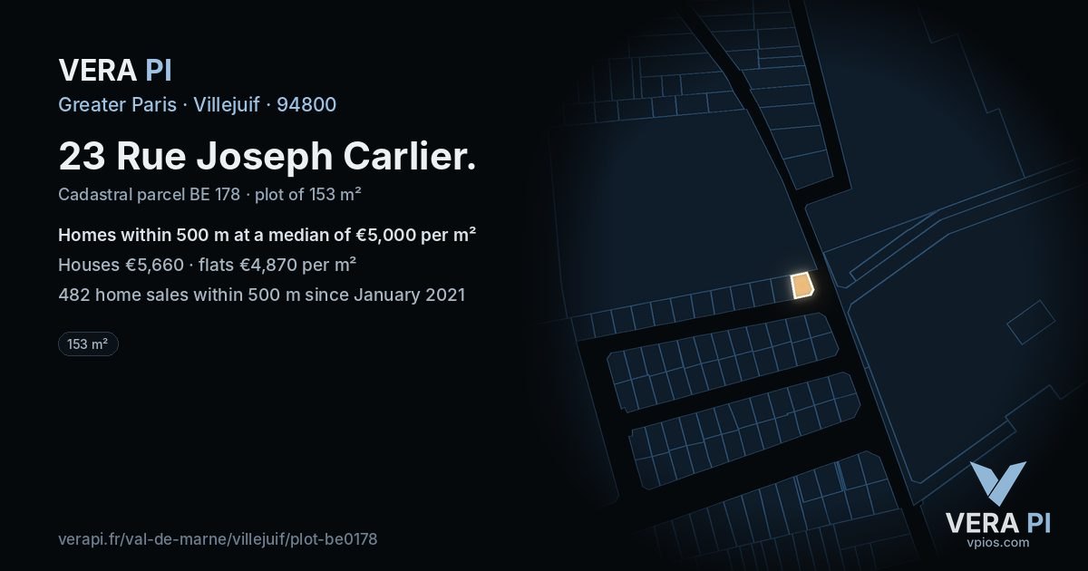 23 Rue Joseph Carlier, Villejuif at night – the plot lit, the parcels around coloured by the prices near them