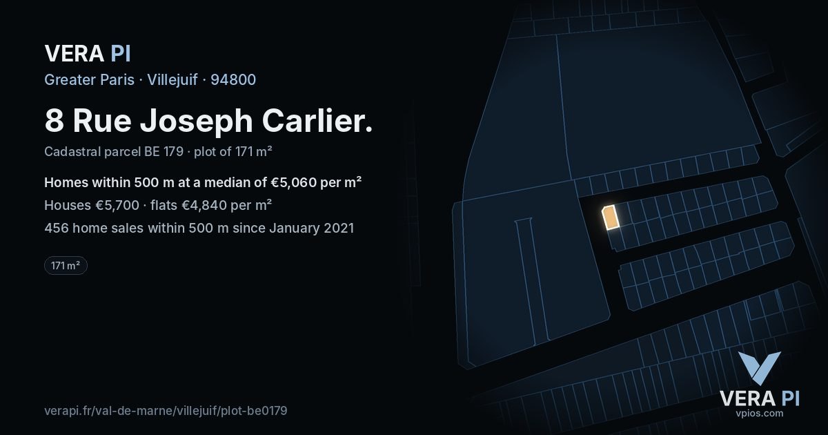 8 Rue Joseph Carlier, Villejuif at night – the plot lit, the parcels around coloured by the prices near them