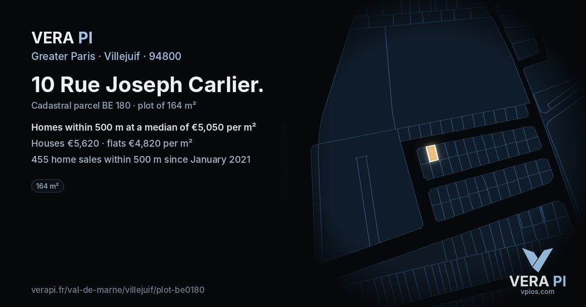 10 Rue Joseph Carlier, Villejuif at night – the plot lit, the parcels around coloured by the prices near them
