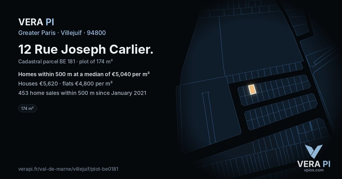 12 Rue Joseph Carlier, Villejuif at night – the plot lit, the parcels around coloured by the prices near them