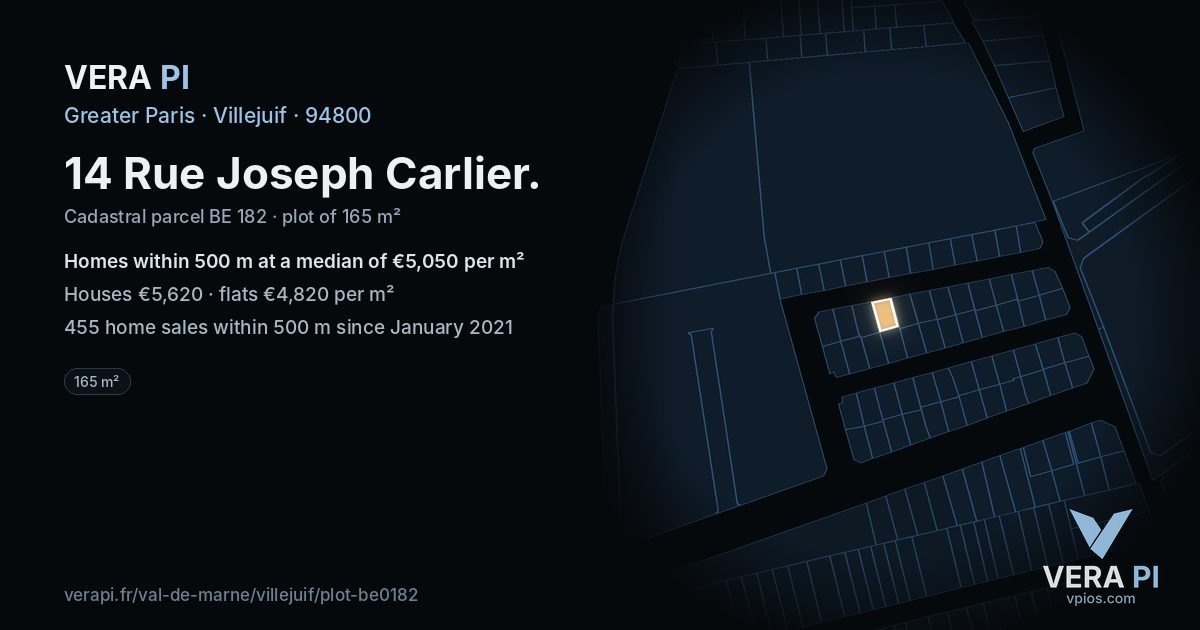 14 Rue Joseph Carlier, Villejuif at night – the plot lit, the parcels around coloured by the prices near them