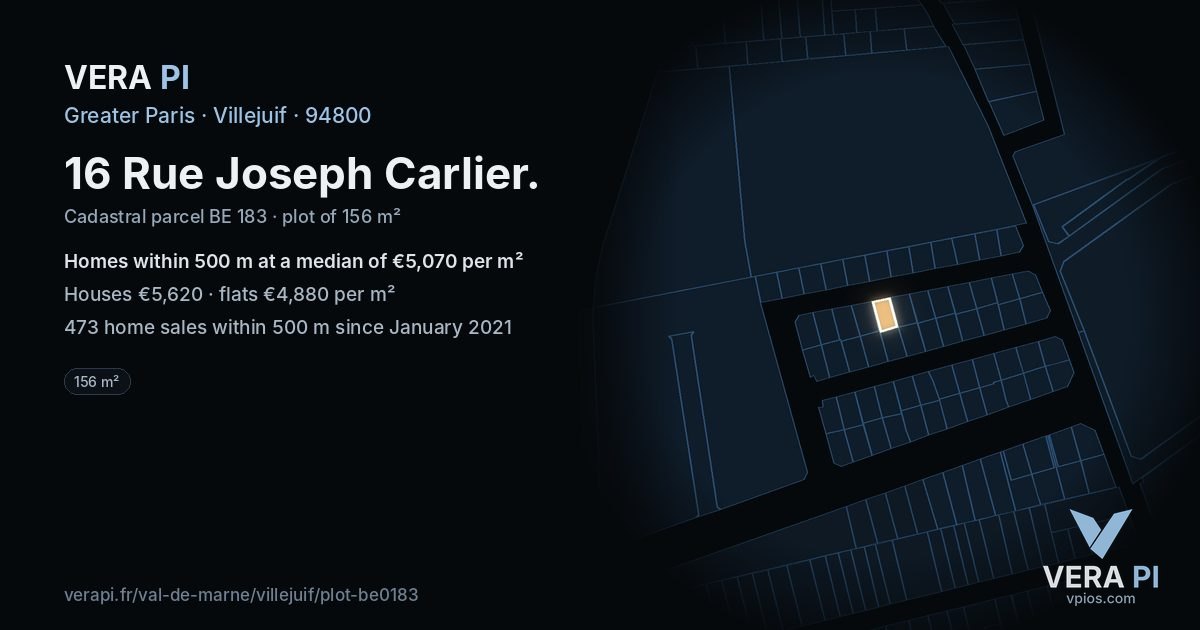 16 Rue Joseph Carlier, Villejuif at night – the plot lit, the parcels around coloured by the prices near them